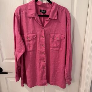 Rafaella Women's 2XL‎ Pink Linen Button-Down Camp Shirt Double Chest Pockets